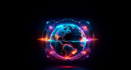 Poster - Glowing globe with neon lights and abstract design elements against a dark background. Futuristic and vibrant, representing global connectivity and technology.