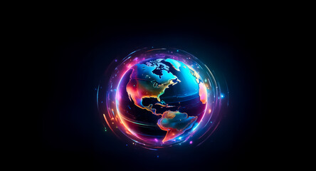 Poster - A luminous globe of planet Earth is depicted against a dark backdrop, enveloped by dynamic neon lights, highlighting the Americas in a futuristic style.
