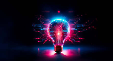 Poster - Glowing lightbulb with neon pink and blue lines emanating like circuits against a dark backdrop.  Illuminated idea concept with energy and bright colors.