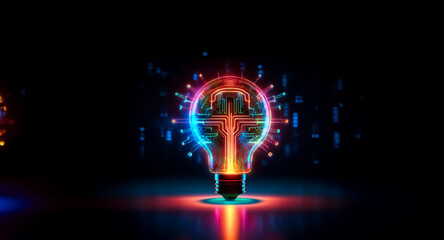 Poster - A luminous light bulb displays a digital circuit design, radiating bright blue and red light against a stark black background.  It evokes a sense of modern technology and creative thinking.
