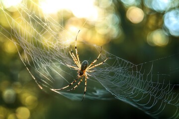 close-up of a spider creating intricate web with sunlight background in nature setting