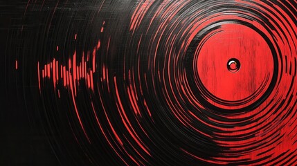 Poster - Vibrant vinyl record texture featuring rhythmic soundwave ripples in black and red, showcasing retro-modern elegance and a golden ratio peak