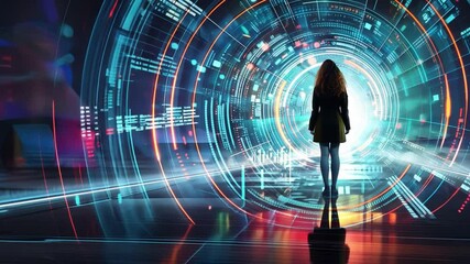 Poster - woman stands before glowing digital portal surrounded by vibrant holographic data and futuristic tec