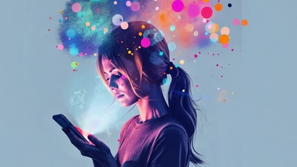 Poster - A woman gazes intently at her smartphone, surrounded by a vibrant explosion of colors and digital elements, representing creativity and inspiration.