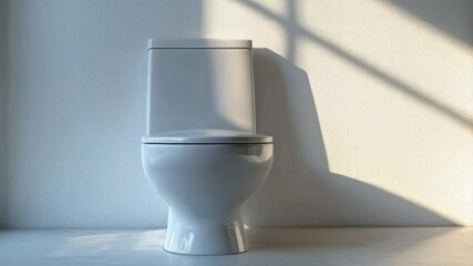Poster - A sleek, modern toilet is positioned against a plain wall in a minimalistic bathroom. Soft sunlight filters through a window, casting shadows that enhance the clean lines and design.