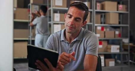 Poster - tablet, supply chain and man in warehouse for distribution stock with cardboard boxes on shelf. digi
