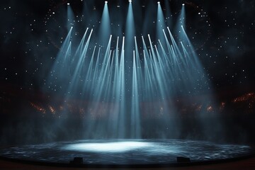 Poster - Illuminated stadium spotlights beam, bright stage performance lighting, glowing arena floodlights, theatrical entertainment projections, dramatic searchlight elements, Full HD
