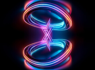 Poster - Neon star shape with vibrant rings encircles a central point against a dark backdrop.  Illuminated design with glowing lines creates a modern and abstract visual.