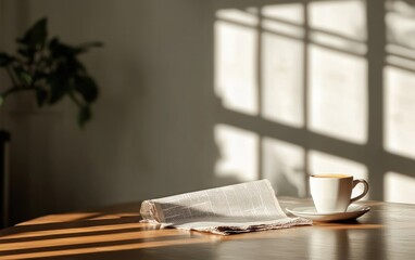 Poster - Sunlight streams through a window onto a wooden table, illuminating a rolled-up magazine, a cup of coffee, and a small plant in the background