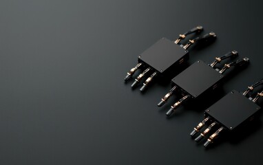 Poster - Three black square technological components with copper connectors arranged on a dark gray surface.  Clean lines and minimalist aesthetic