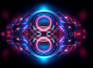 Poster - abstract digital art with vibrant neon lights forms a symmetrical design against a dark background. 