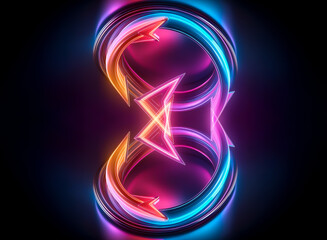 Poster - Vibrant neon abstract shape with arrows and a triangle glows against a dark backdrop.  Pink, blue, and orange hues create a modern, futuristic, and dynamic visual element.