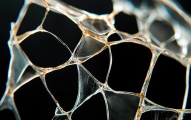 Poster - Abstract close-up of a translucent, delicate structure resembling a network or web with amber and gold accents against a black background. Intricate details and textures are visible
