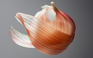 Poster - Close-up of a translucent, reddish-brown bulb with delicate, lacy layers, floating against a neutral gray background. The bulb's texture is intricate, and the lighting highlights its delicate