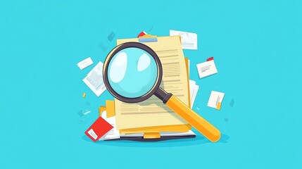Poster - Magnifying Glass Over a Pile of Documents on a Bright Blue Background Illustrating Research and Organization Concepts