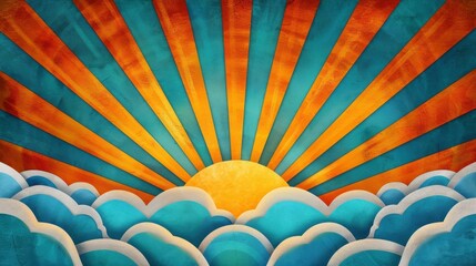 Wall Mural - A captivating vintage illustration capturing Ascension Day, with sun rays piercing through soft, fluffy clouds.