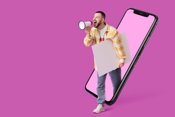 Wall Mural - young man with poster shouting into megaphone and big mobile phone on violet background. banner for 