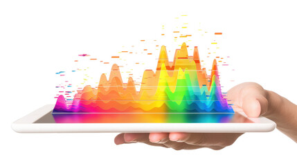 Hand holding tablet showing colorful growing graph with transparent background