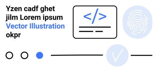 Rectangular code block with coding symbols, fingerprint, checklist with checkmark, and text elements. Ideal for web development, coding, authentication, security, digital identity user interface