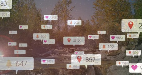 Poster - Animation of social media notifications floating over serene forest and river landscape