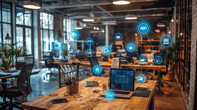 Modern Office Workspace with Technology and Digital Connectivity Concepts