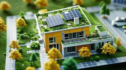 Poster - This striking eco-friendly house highlights innovative design with solar panels on the roof, surrounded by greenery and vibrant gardens, depicting a model of sustainable living.