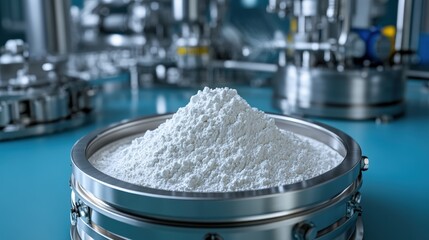 Poster - container holding white powder in an industrial setting for use in various manufacturing and process