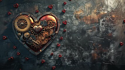 Fototapete - This creative heart made of gears and adorned with small red hearts, perfect for Valentines Day.