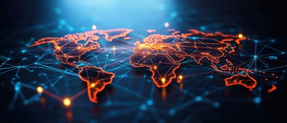 Poster - Stunning world map with glowing lights on a light blue background showcasing global connectivity and modern design elements