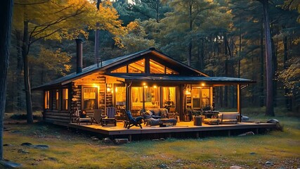 Poster - This cabin glows warmly as the sun sets, nestled among lush trees in the peaceful forest.