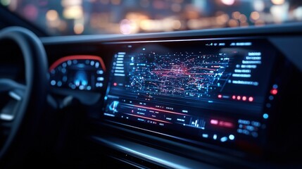 Poster - Futuristic car dashboard interface displaying advanced features with a vibrant cityscape in the background