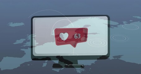 Poster - Animation of heart notification with 100 likes on digital map and computer screen