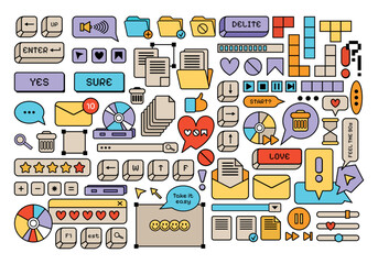 Fototapete - Retro style Y2K UI and UX elements and icons flat set. Retro frames and computer game elements. Nostalgic style of 80s, 90s. Cartoon Old computer screen. Retro vector windows Vaporwave.