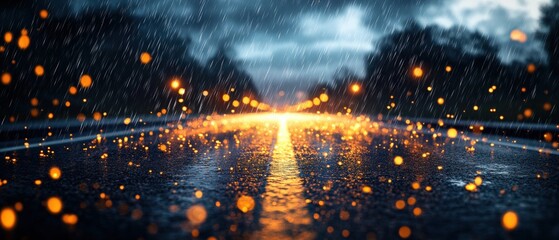 Poster - Reflective wet road under rainy conditions with glowing orange lights creating a beautiful cityscape at night