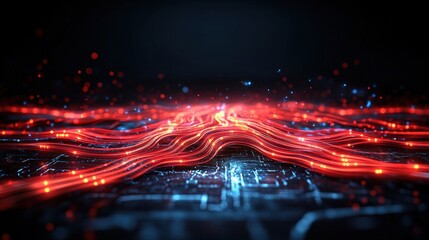Poster - brightly colored red and blue abstract background with flowing lines conveying a sense of speed and 