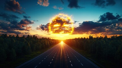 Poster - Scenic highway with a breathtaking sunset in the background creating a serene atmosphere for evening travel