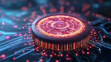 Poster - Glowing red circle on top of a cpu chip symbolizing advanced cyber security and digital protection technology