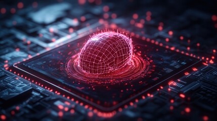Poster - Artistic representation of a sphere on a circuit board highlighting the intersection of technology and cyber security