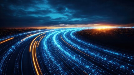 Poster - Scenic highway adorned with lights against abstract blue background showcasing urban life and nighttime energy