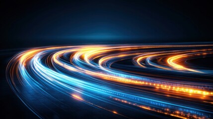 Poster - Captivating highway scene at night featuring dynamic light trails illuminating the roadway with a blue abstract background