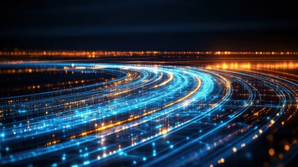 Poster - Stunning highway view at night showcasing bright lights and an enchanting abstract blue background for a dreamy atmosphere