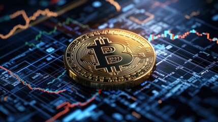 Poster - A shiny bitcoin coin positioned on a futuristic digital background representing cryptocurrency and financial value