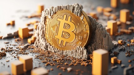 Poster - A bitcoin coin surrounded by shimmering gold cubes set against a stylish background representing wealth and value