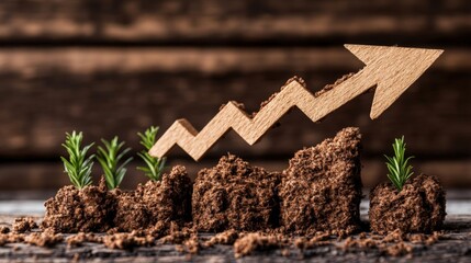 Poster - Photo realistic growing plant surrounded by wooden arrow symbolizing sustainable business growth and direction