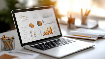 Poster - Laptop displaying a chart on screen symbolizing data analysis and strategic planning in a professional environment