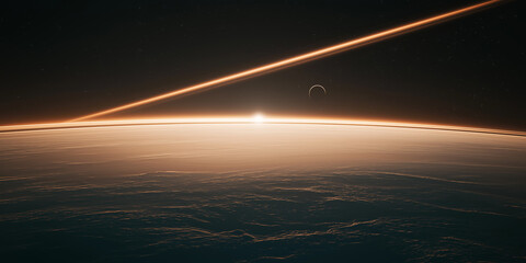 Wall Mural - sunrise over planet with moon and light trails illuminating atmosphere