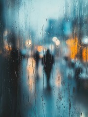 Aufkleber - Melancholic reflections and raindrops create a poignant atmosphere on a window with a lonely figure outside at twilight