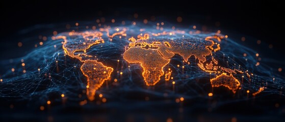 Poster - World map illuminated by a glowing orange hue representing global connections and geolocation for business networking