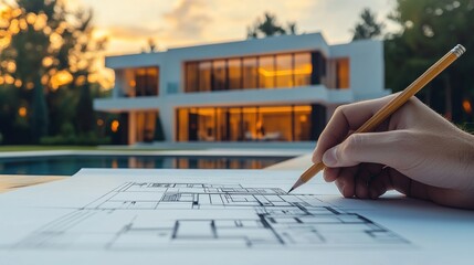 architectural blueprint with a modern house background and a hand using a pencil to make adjustments