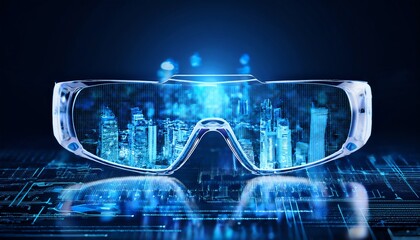 Poster - Futuristic glasses display digital cityscape, blending technology with vibrant blue hues against a dark background.